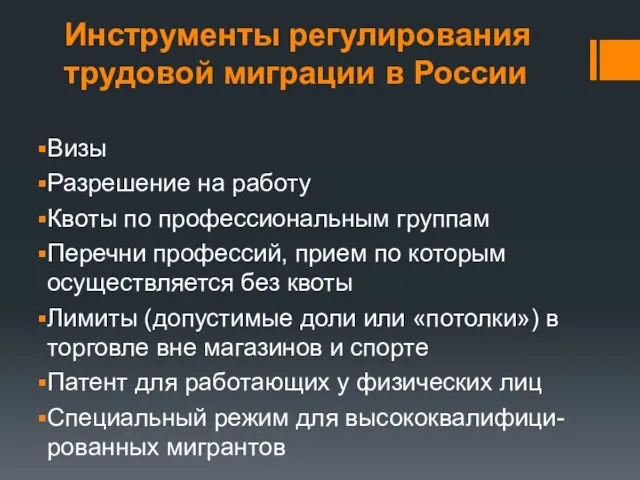 Инструменты регулирования трудовой миграции в России Визы Разрешение на работу Квоты по