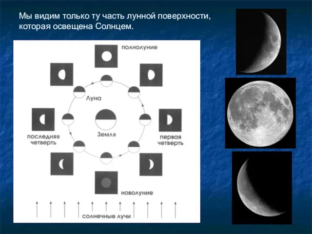 Мы видим только ту часть лунной поверхности, которая освещена Солнцем.