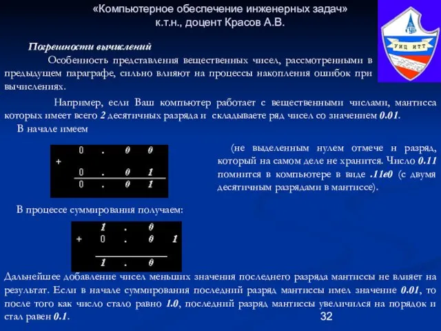 «Компьютерное обеспечение инженерных задач» к.т.н., доцент Красов А.В. Погрешности вычислений Особенность представления