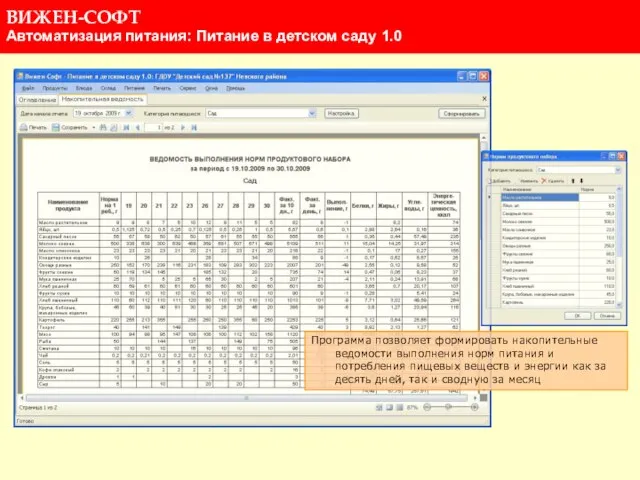 Программа позволяет формировать накопительные ведомости выполнения норм питания и потребления пищевых веществ