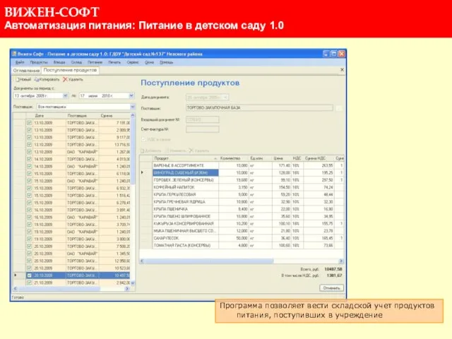 Программа позволяет вести складской учет продуктов питания, поступивших в учреждение