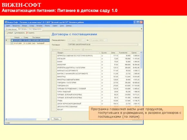 Программа позволяет вести учет продуктов, поступивших в учреждение, в разрезе договоров с поставщиками (по лотам)