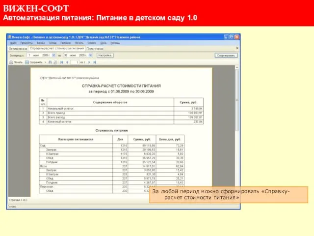 За любой период можно сформировать «Справку-расчет стоимости питания»