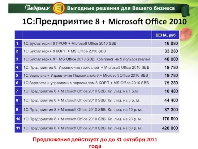 1С:Предприятие 8 + Microsoft Office 2010 Предложение действует до до 31 октября 2011 года