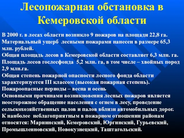 Лесопожарная обстановка в Кемеровской области В 2000 г. в лесах области возникло