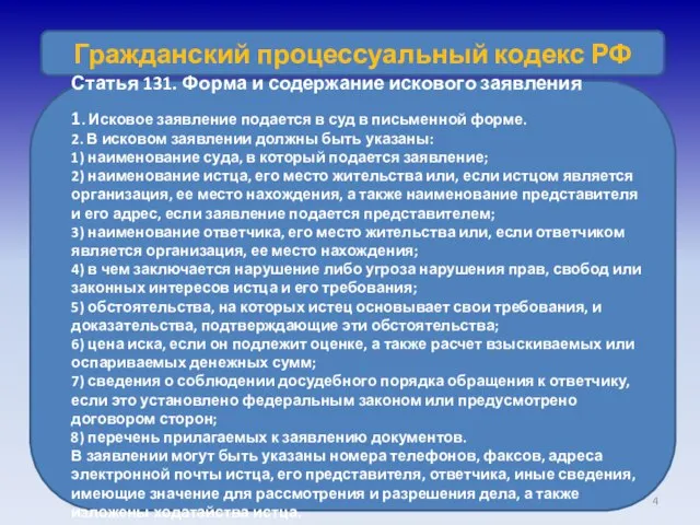 Гражданский процессуальный кодекс РФ Статья 131. Форма и содержание искового заявления 1.