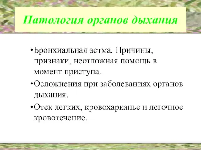 Патология органов дыхания Бронхиальная астма. Причины, признаки, неотложная помощь в момент приступа.