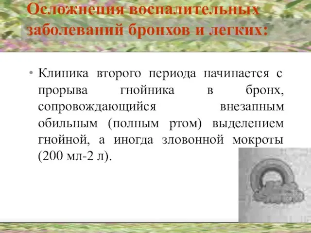 Осложнения воспалительных заболеваний бронхов и легких: Клиника второго периода начинается с прорыва