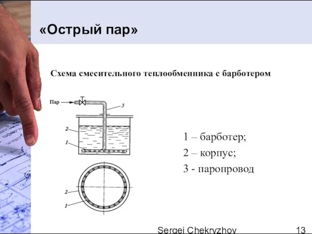 Sergei Chekryzhov «Острый пар» 1 – барботер; 2 – корпус; 3 -