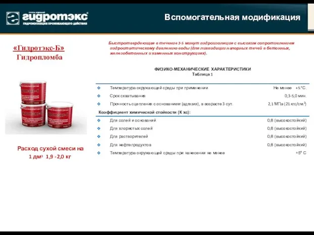 Вспомогательная модификация «Гидротэкс-Б» Гидропломба Расход сухой смеси на 1 дмᶟ 1,9 -2,0 кг