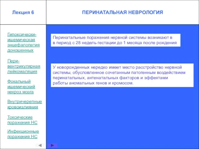 Гипоксически- ишемическая энцефалопатия доношенных Пери- вентрикулярная лейкомаляция Внутричерепные кровоизлияния Токсические поражения НС