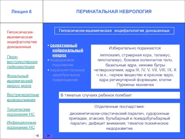 Гипоксически-ишемическая энцефалопатия доношенных селективный нейрональный некроз подкорковое поражение парасагиттальное церебральное повреждение Избирательно