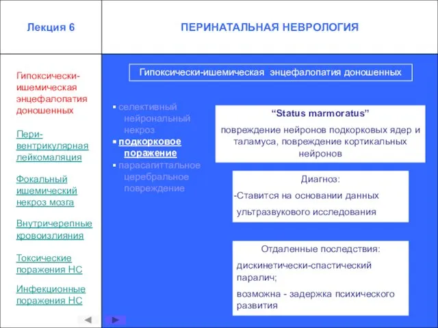 Гипоксически-ишемическая энцефалопатия доношенных селективный нейрональный некроз подкорковое поражение парасагиттальное церебральное повреждение “Status