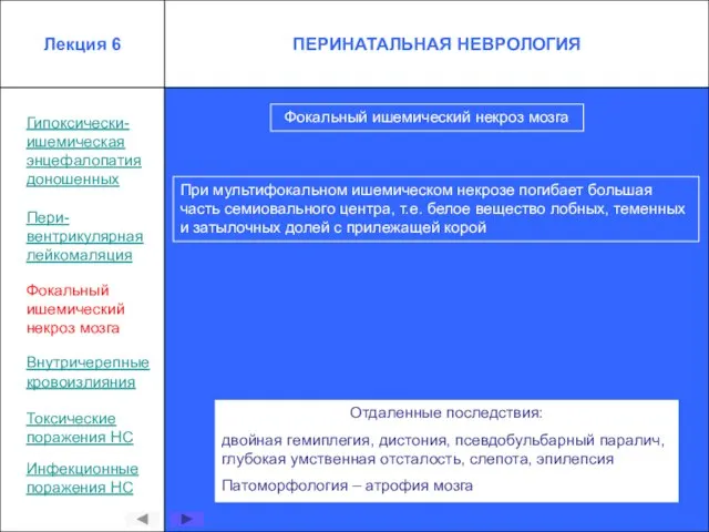 Фокальный ишемический некроз мозга Гипоксически- ишемическая энцефалопатия доношенных Пери- вентрикулярная лейкомаляция Фокальный