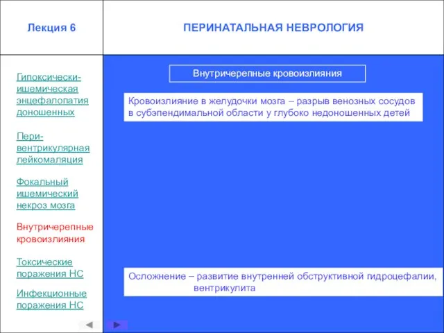 Гипоксически- ишемическая энцефалопатия доношенных Пери- вентрикулярная лейкомаляция Внутричерепные кровоизлияния Внутричерепные кровоизлияния Токсические