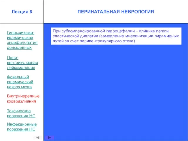 Гипоксически- ишемическая энцефалопатия доношенных Пери- вентрикулярная лейкомаляция Внутричерепные кровоизлияния Токсические поражения НС