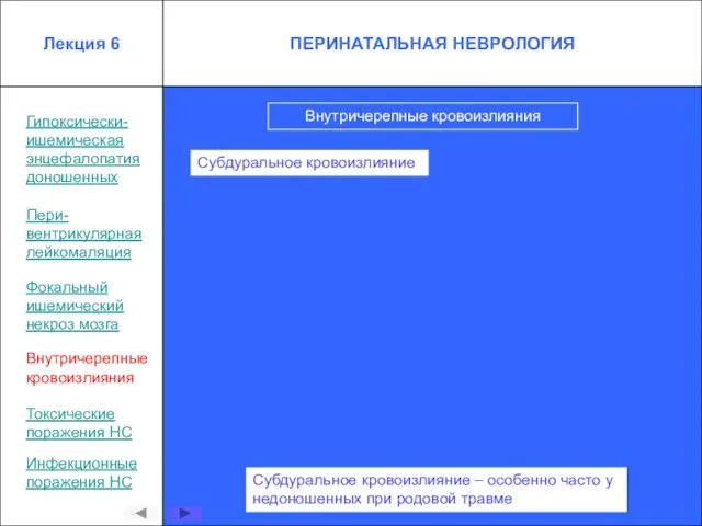 Внутричерепные кровоизлияния Гипоксически- ишемическая энцефалопатия доношенных Пери- вентрикулярная лейкомаляция Внутричерепные кровоизлияния Токсические