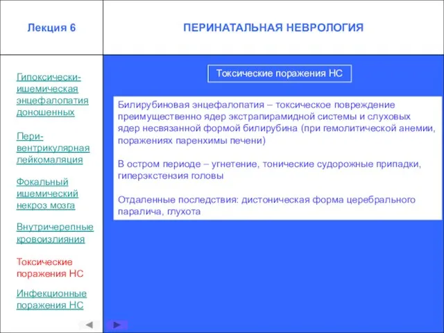 Гипоксически- ишемическая энцефалопатия доношенных Пери- вентрикулярная лейкомаляция Токсические поражения НС Внутричерепные кровоизлияния