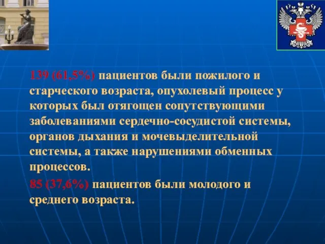 139 (61,5%) пациентов были пожилого и старческого возраста, опухолевый процесс у которых