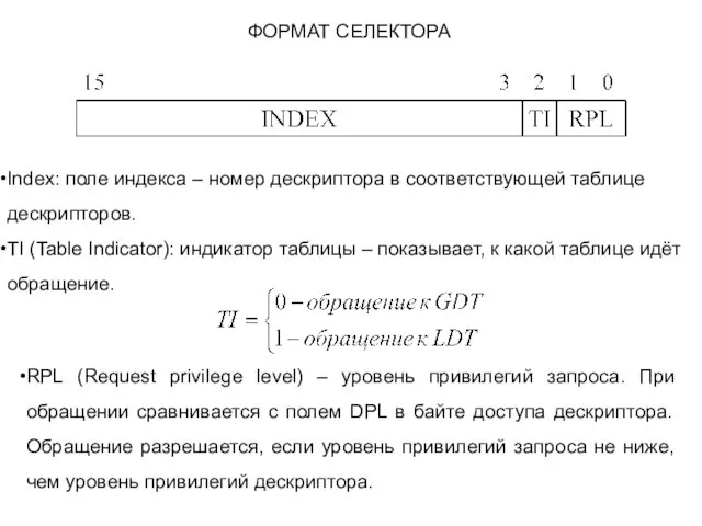 ФОРМАТ СЕЛЕКТОРА Index: поле индекса – номер дескриптора в соответствующей таблице дескрипторов.