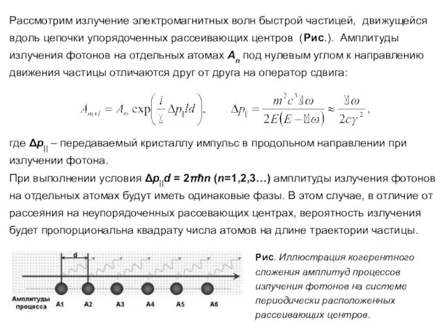 Рис. Иллюстрация когерентного сложения амплитуд процессов излучения фотонов на системе периодически расположенных