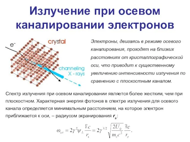 Излучение при осевом каналировании электронов Электроны, двигаясь в режиме осевого каналирования, проходят