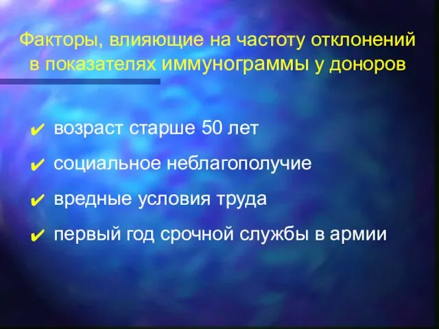 Факторы, влияющие на частоту отклонений в показателях иммунограммы у доноров возраст старше