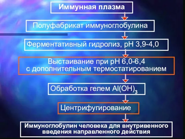 Иммунная плазма Полуфабрикат иммуноглобулина Ферментативный гидролиз, рН 3,9-4,0 Выстаивание при рН 6,0-6,4