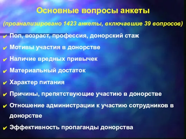 Основные вопросы анкеты (проанализировано 1423 анкеты, включавшие 39 вопросов) Пол, возраст, профессия,