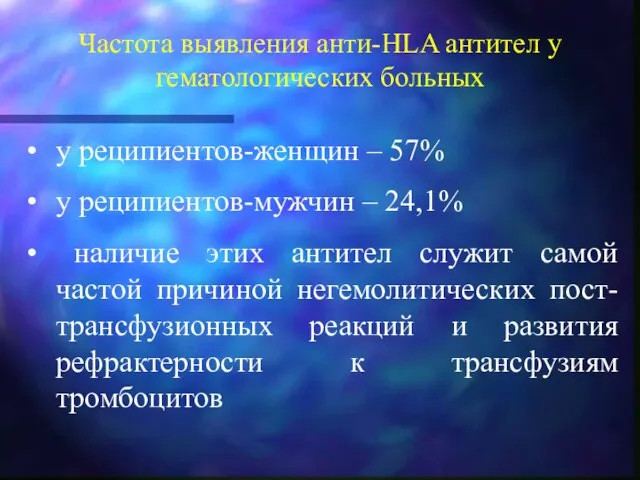 Частота выявления анти-HLA антител у гематологических больных у реципиентов-женщин – 57% у