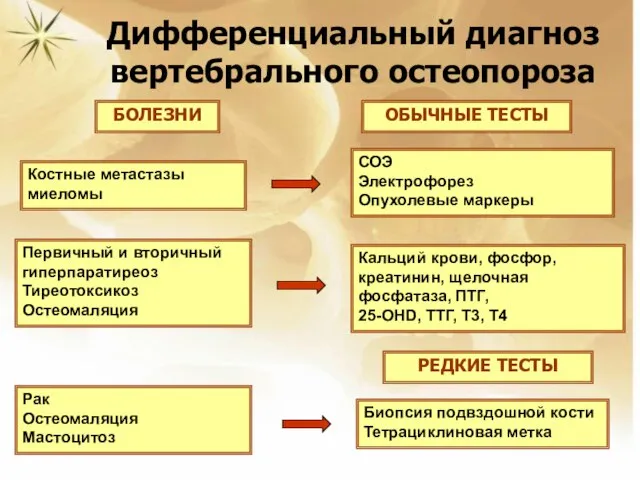 Дифференциальный диагноз вертебрального остеопороза Костные метастазы миеломы Первичный и вторичный гиперпаратиреоз Тиреотоксикоз