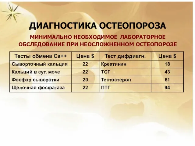 ДИАГНОСТИКА ОСТЕОПОРОЗА МИНИМАЛЬНО НЕОБХОДИМОЕ ЛАБОРАТОРНОЕ ОБСЛЕДОВАНИЕ ПРИ НЕОСЛОЖНЕННОМ ОСТЕОПОРОЗЕ