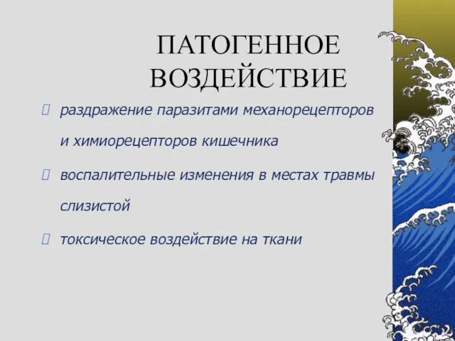 ПАТОГЕННОЕ ВОЗДЕЙСТВИЕ раздражение паразитами механорецепторов и химиорецепторов кишечника воспалительные изменения в местах