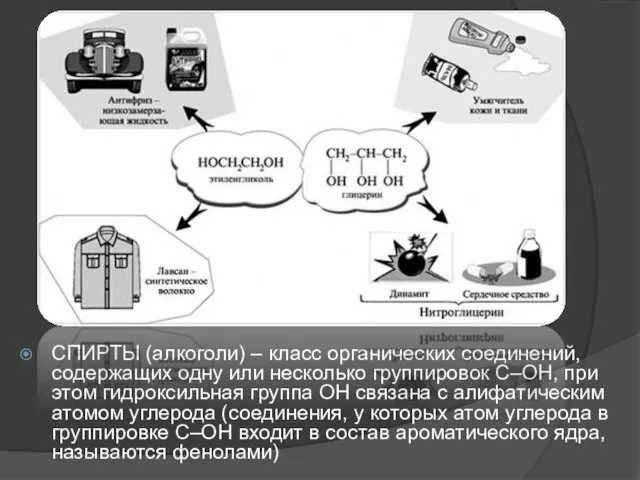 СПИРТЫ (алкоголи) – класс органических соединений, содержащих одну или несколько группировок С–ОН,