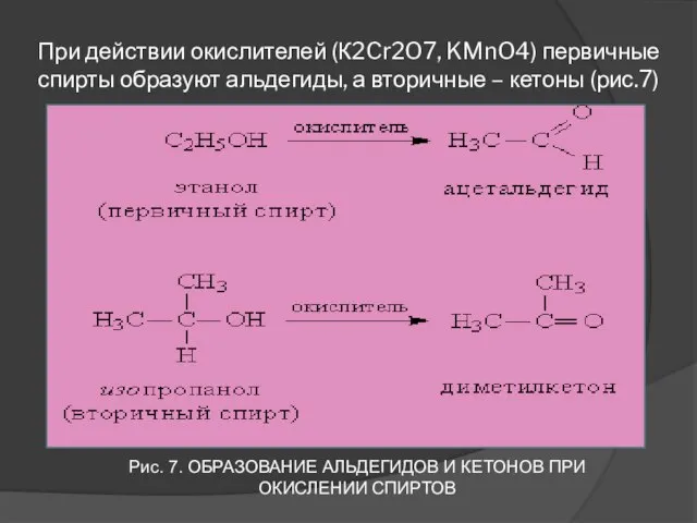 При действии окислителей (К2Cr2O7, KMnO4) первичные спирты образуют альдегиды, а вторичные –