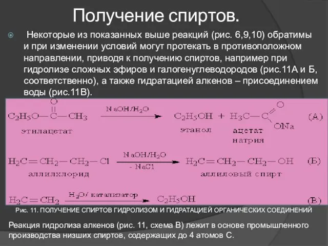 Получение спиртов. Некоторые из показанных выше реакций (рис. 6,9,10) обратимы и при