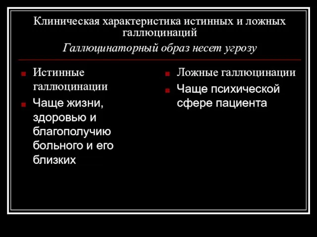 Клиническая характеристика истинных и ложных галлюцинаций Галлюцинаторный образ несет угрозу Истинные галлюцинации