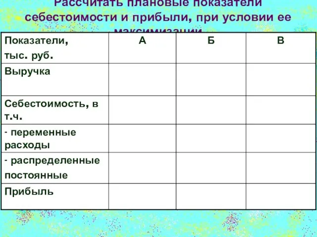 Рассчитать плановые показатели себестоимости и прибыли, при условии ее максимизации