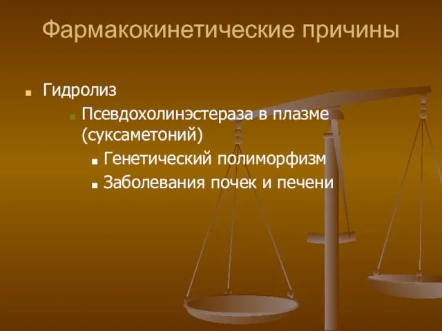 Фармакокинетические причины Гидролиз Псевдохолинэстераза в плазме (суксаметоний) Генетический полиморфизм Заболевания почек и печени