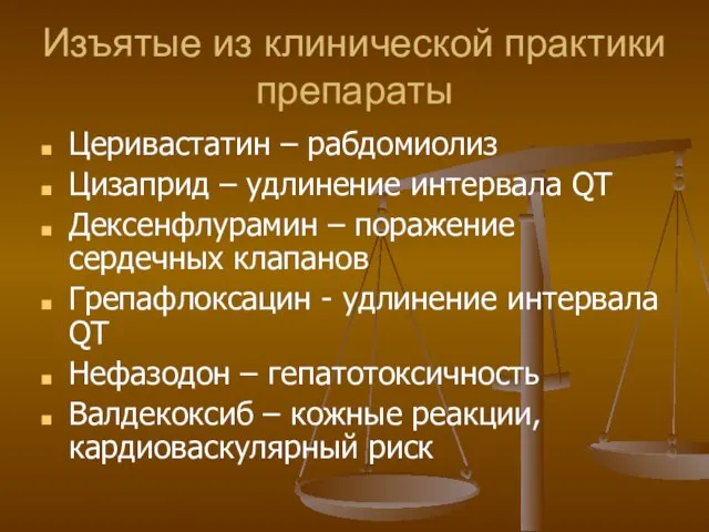 Изъятые из клинической практики препараты Церивастатин – рабдомиолиз Цизаприд – удлинение интервала