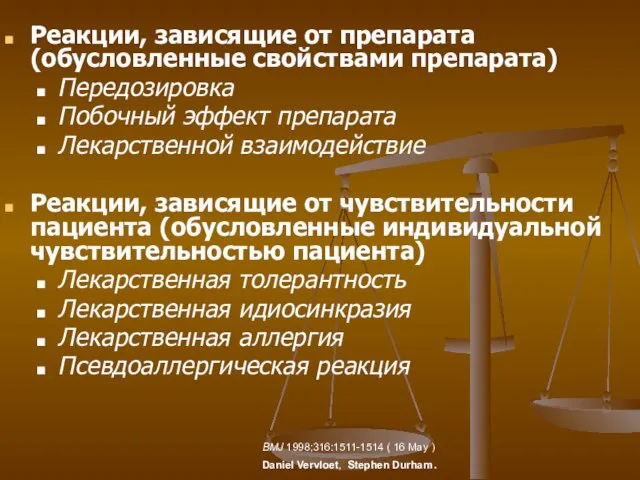 Реакции, зависящие от препарата (обусловленные свойствами препарата) Передозировка Побочный эффект препарата Лекарственной