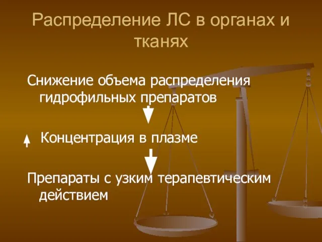 Распределение ЛС в органах и тканях Снижение объема распределения гидрофильных препаратов Концентрация