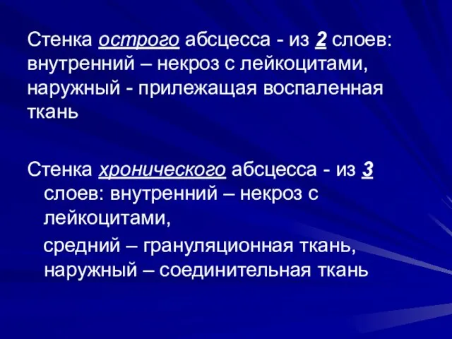 Стенка острого абсцесса - из 2 слоев: внутренний – некроз с лейкоцитами,