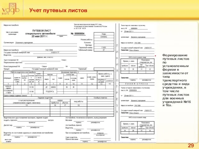 Учет путевых листов Формирование путевых листов по установленным формам в зависимости от