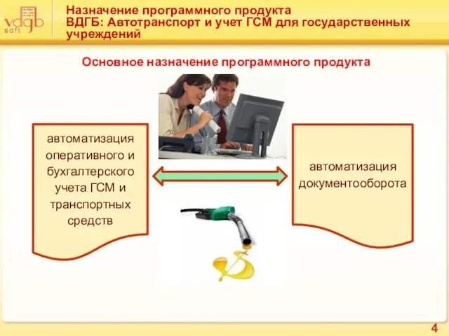 Назначение программного продукта ВДГБ: Автотранспорт и учет ГСМ для государственных учреждений Основное