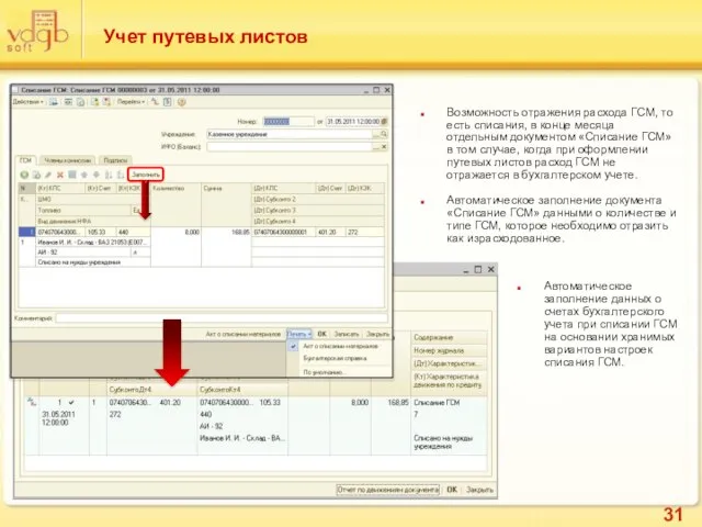 Учет путевых листов Возможность отражения расхода ГСМ, то есть списания, в конце