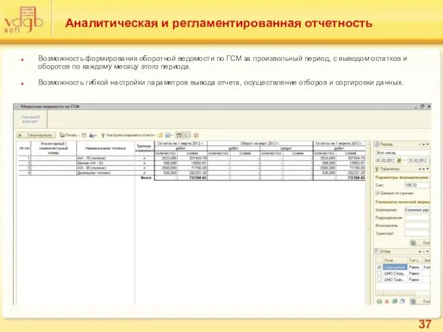 Аналитическая и регламентированная отчетность Возможность формирования оборотной ведомости по ГСМ за произвольный