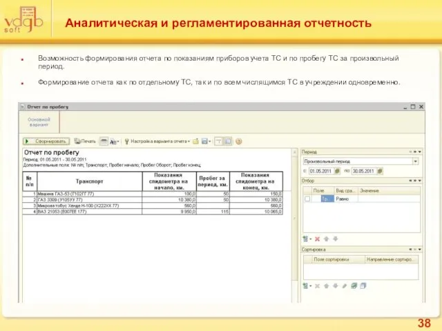 Аналитическая и регламентированная отчетность Возможность формирования отчета по показаниям приборов учета ТС