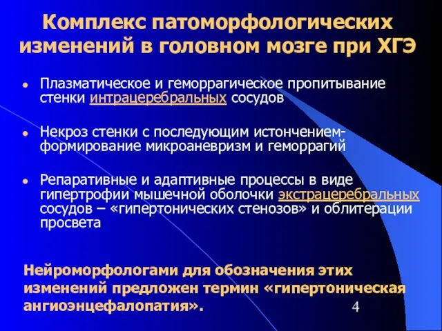 Комплекс патоморфологических изменений в головном мозге при ХГЭ Плазматическое и геморрагическое пропитывание