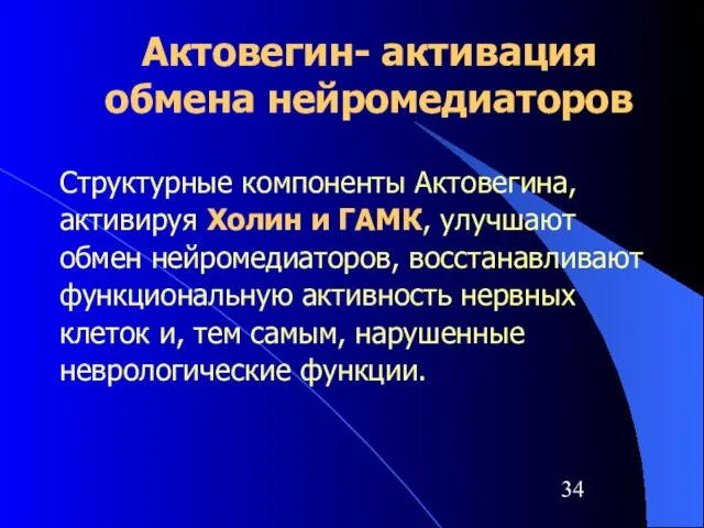 Актовегин- активация обмена нейромедиаторов Структурные компоненты Актовегина, активируя Холин и ГАМК, улучшают